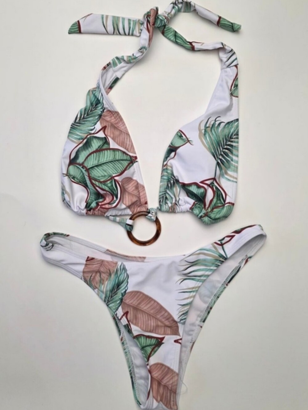 Green Peach White‎ Tropical Leaf Halter Bikini Set with Mesh Sarong